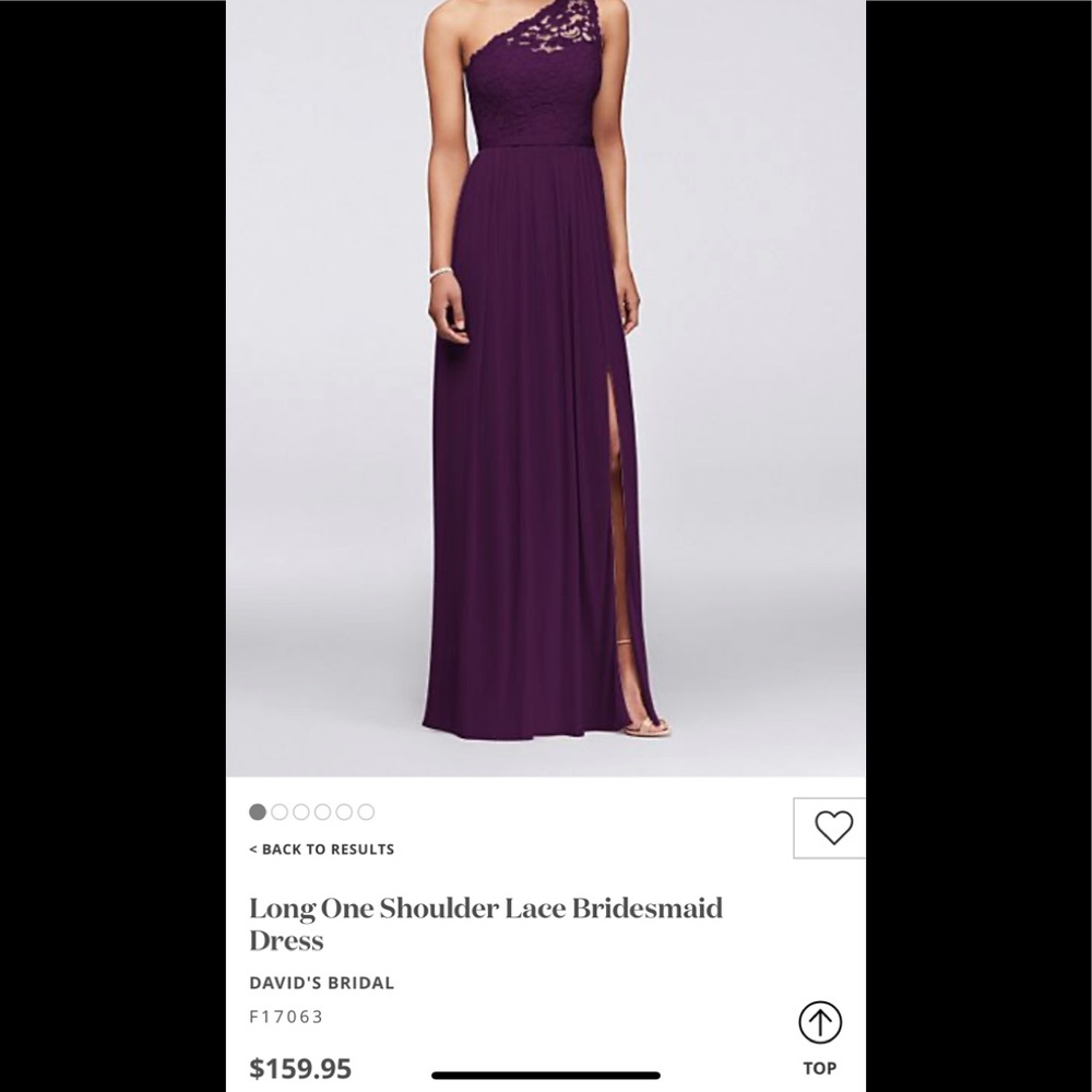 David’s Bridal long one shoulder lace plum